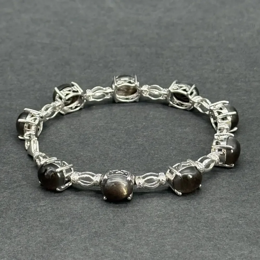 STS 925 Sterling Silver Oval Black Star Sapphire Cabochon Link Bracelet 7.5